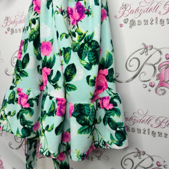 Betsy Johnson robe ruffle frilly trim floral neon blue green purple pink tie up - Picture 5 of 10